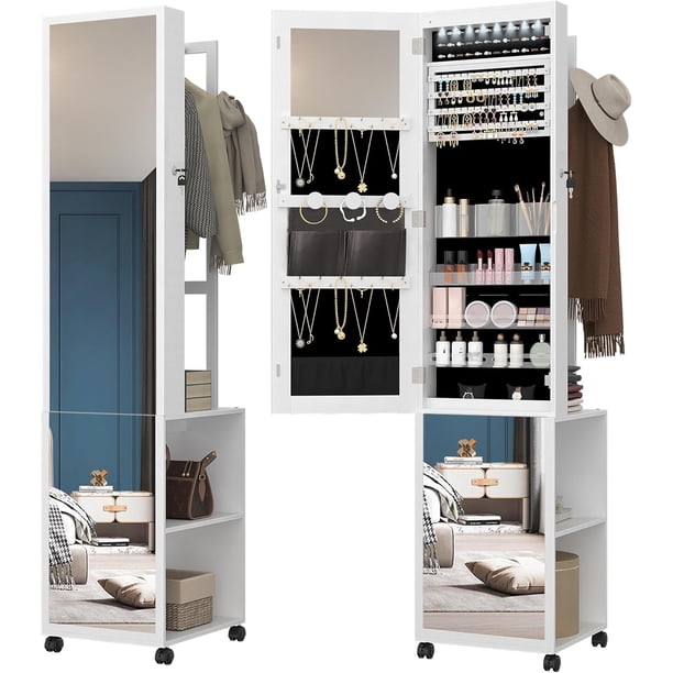 Joyero Con Espejo, Organizador de Joyas Giratorio de 360° con Luz Led, Armario de Pie con Cerradura, Espejo de Cuerpo Entero y Estantes Traseros, 164,6 X 40 X 36,5 cm (Blanco)