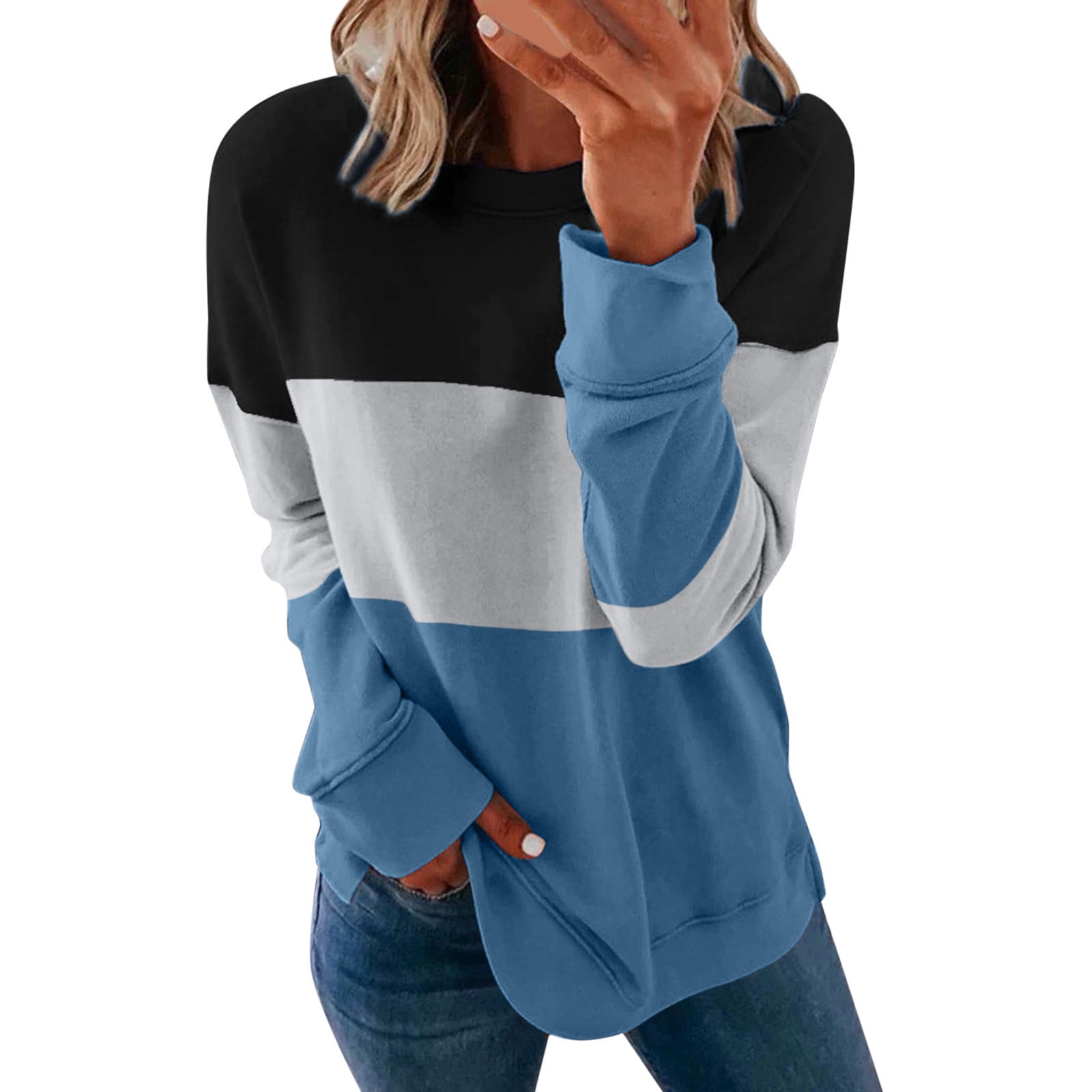 JWZUY Womens Crew Neck Color Block Sweatshirts Tops Long Sleeve Casual  Pullover Cute Lightweight Loose Tops Sky Blue#01 L