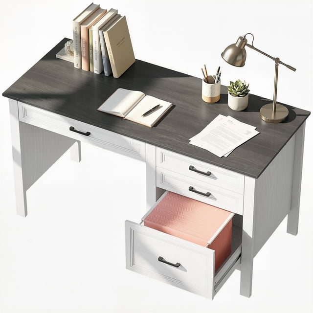 54" Farmhouse Executive Computer Desk with 4 Drawers, White Wood Grain Office Desk with Adjustable File Rails for A4/Letter Folders, Spacious Writing Table for Home Study