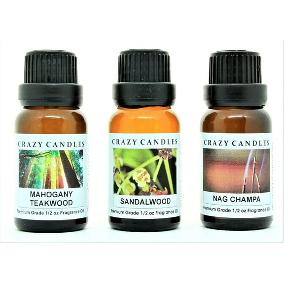 3 Bottles Set, 1 Mahogany Teakwood, 1 Nag Champa, 1 Sandalwood 1/2 Fl Oz Each 15ml Premium Grade Scented Fragrance Oils By Cra