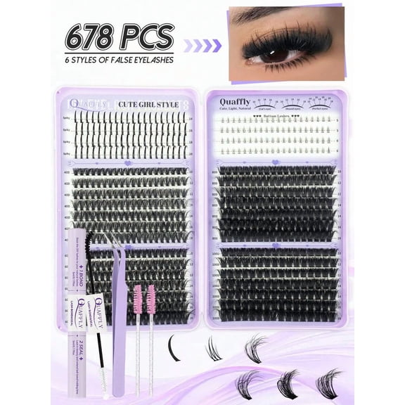 678PCS DIY Lash Clusters Kit with Bond and Seal, Wispy Spiky Eyelash Extension Kit 10-20mm, 40D-100D Volume Individual Eyelashes, Professional C Curl Cluster Lashes for Home Use