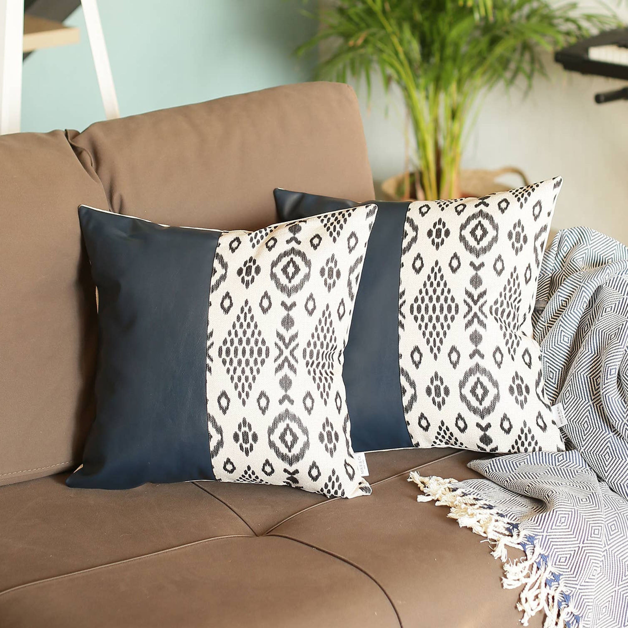 Navy Blue and Ivory Geometric Faux Leather 17" Pillow Covers, Set of 2