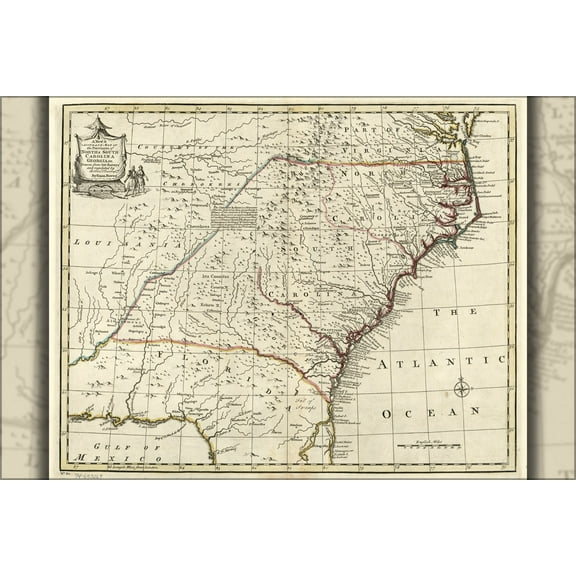 24"x36" Gallery Poster, map of North & South Carolina, Georgia 1752