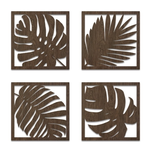 4 Pack Summer Palm Leaf Wooden Wall Hanging Boards, Hollow Out Wood Cutout Decor Panels, Tropical Wall Ornaments for Yard Indoor Outdoor Patio Decor