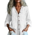 thumbnail image 2 of Nmnitkp Long Sleeve Shirts for Women Cotton Linen Button Down Shirt Stand V Neck Roll Up Long Sleeve Loose Fit Casual Blouse for Fall Work Daily Loungewear White,L, 2 of 7