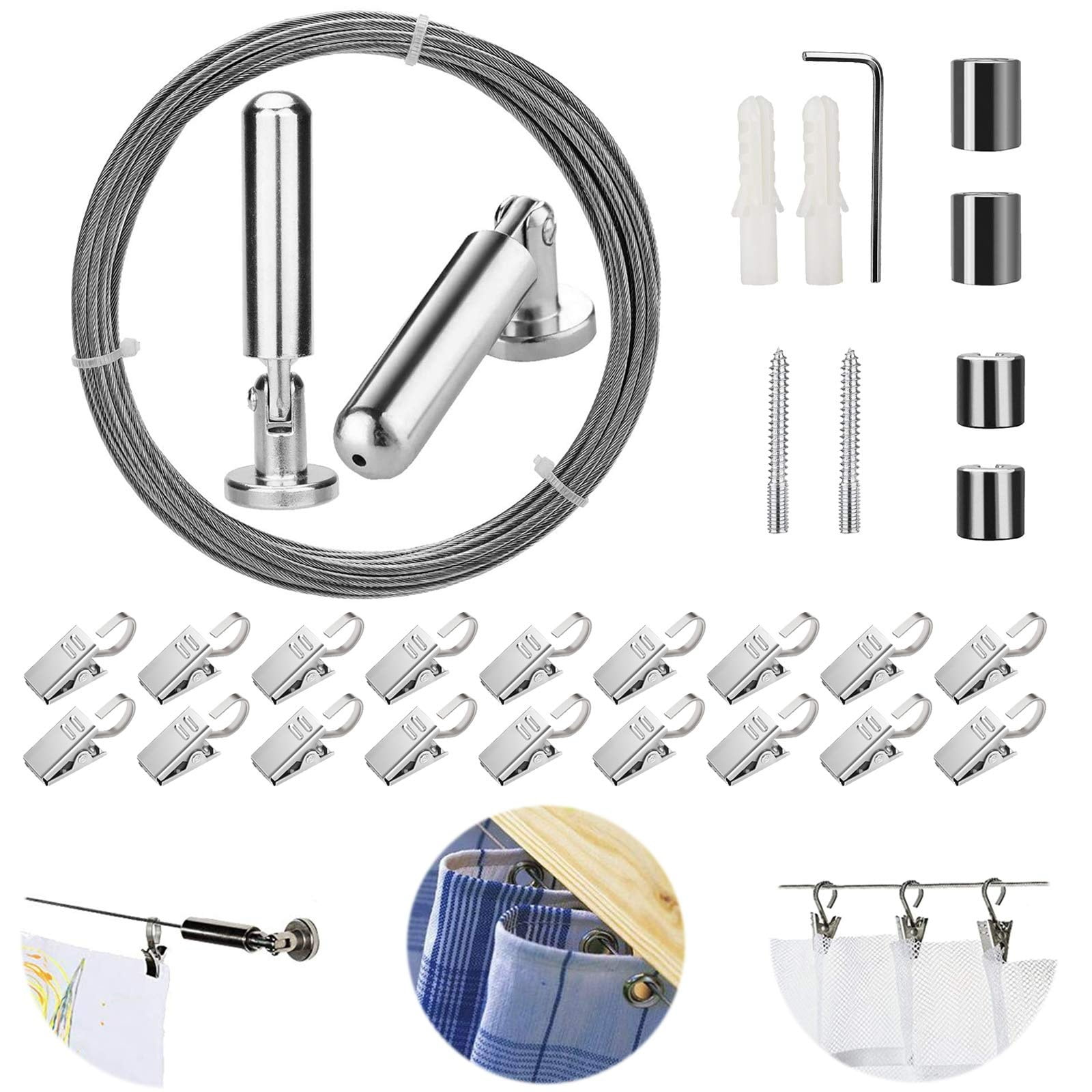 eTeckram 16.4 FT Wall Mount Curtain Wire Rod Tension Set with 24 Clips Multi-purpose, Stainless Steel