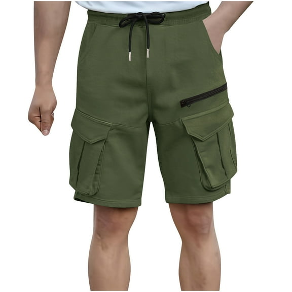 Chiccall Mens Solid Shorts with Zipper Pockets Summer Casual Elastic Waist Drawstring Cargo Shorts Army Green