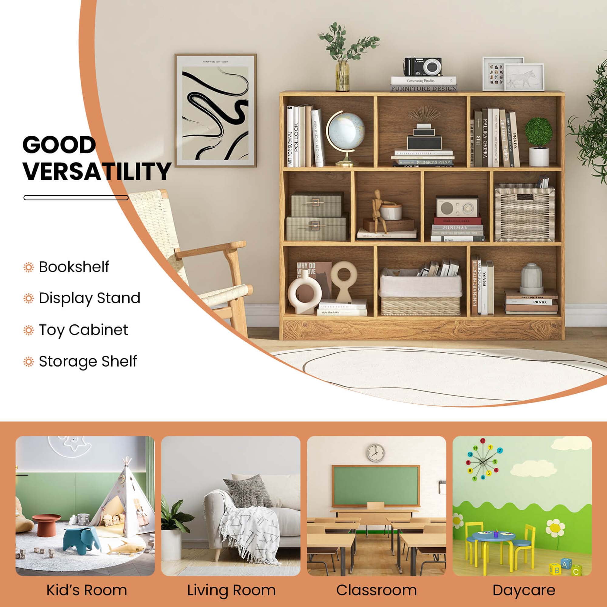 Costway 10-Cube Bookcase for Kids 41"Wooden Toy Storage Organizer for Kid’s Room Natural