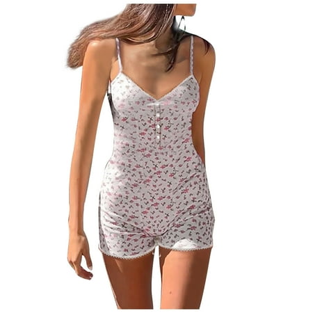 

JWZUY Women s Sleeveless Camisole Playsuit Floral Jumpsuits Button Up Sweetheart Neck Knit Rompers Shorts Red M
