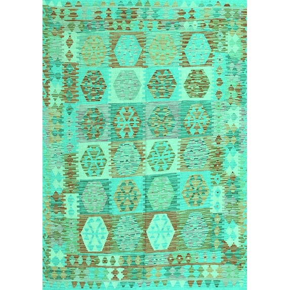 Ahgly Company Machine Washable Indoor Rectangle Southwestern Turquoise Blue Country Area Rugs, 3' x 5'