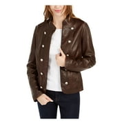 TOMMY HILFIGER Womens Brown Faux Leather Button Down Jacket Petites PS
