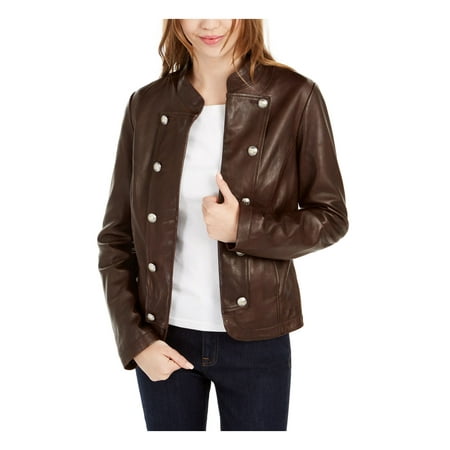 TOMMY HILFIGER Womens Brown Faux Leather Button Down Jacket Petites PS
