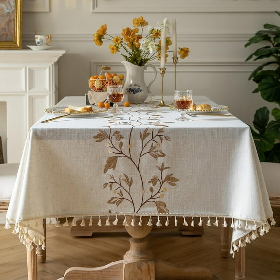 Cotton Linen Rectangular Tablecloth - Wrinkle Resistant & Waterproof - Machine Washable Table Cloth with Tassels for Kitchen & Dining, 140*180cm4-6 Seats