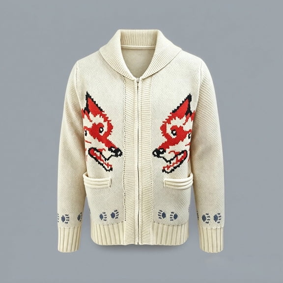 Mens Wolf Cardigan Sweater Knitted Jacket Zip Up Graphic Knitwear for Casual Daily Warm Pullover Top for Fall Winter