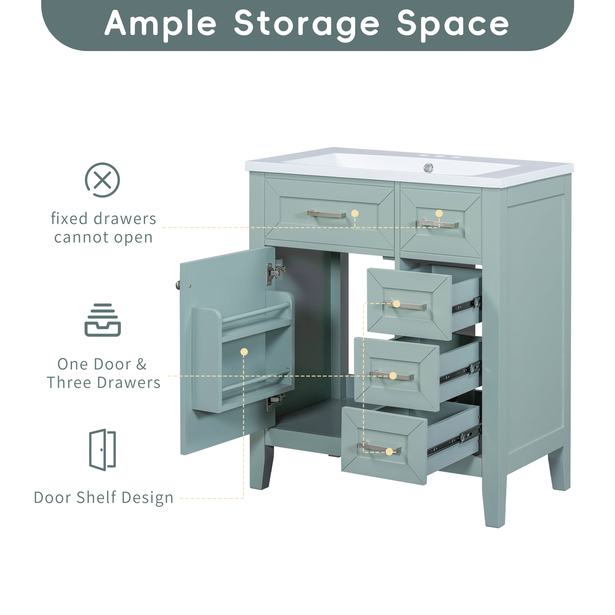 Bellemave 30'' Bathroom Vanity Without Sink,Cabinet Base Only,Bathroom Cabinet with Drawers,Solid Frame and MDF Board,Green