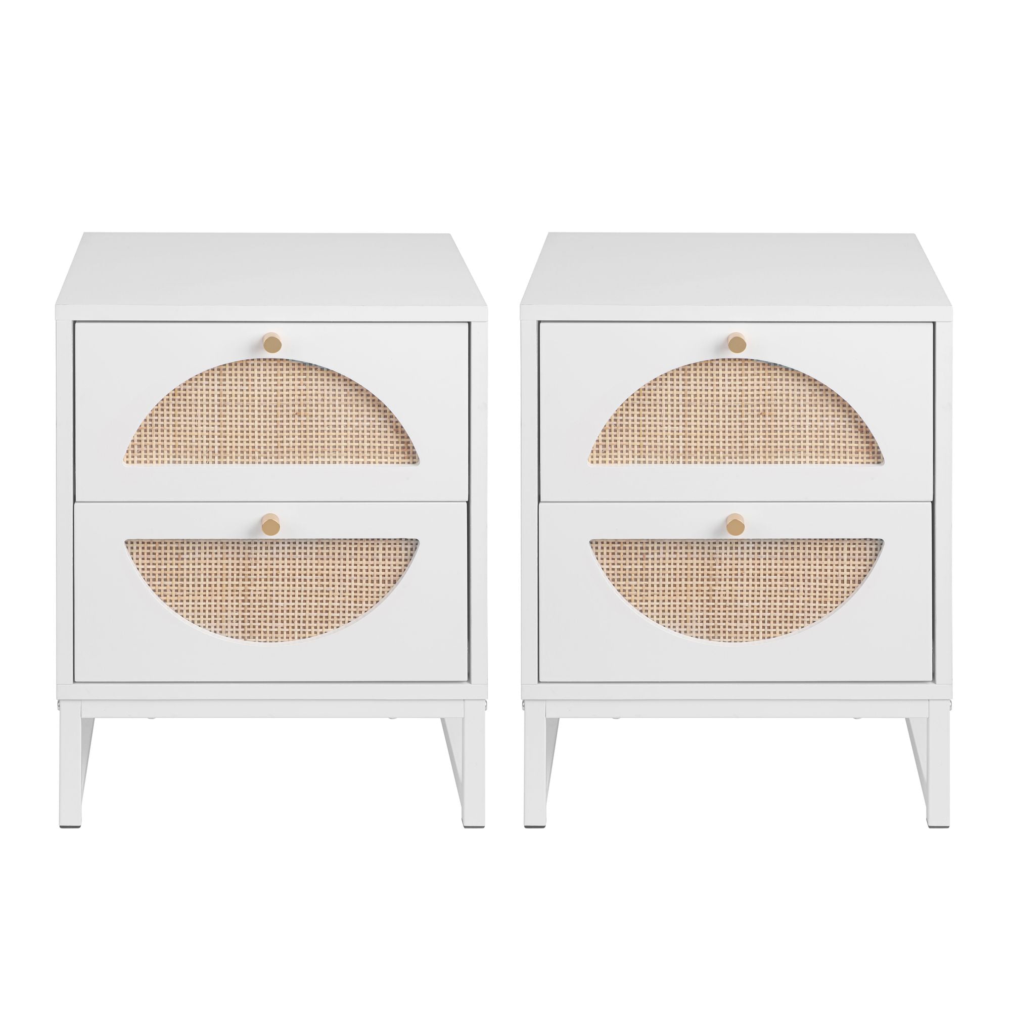 Aukfa Rattan Nightstand Set of 2,Side Table with Storage Drawer - White