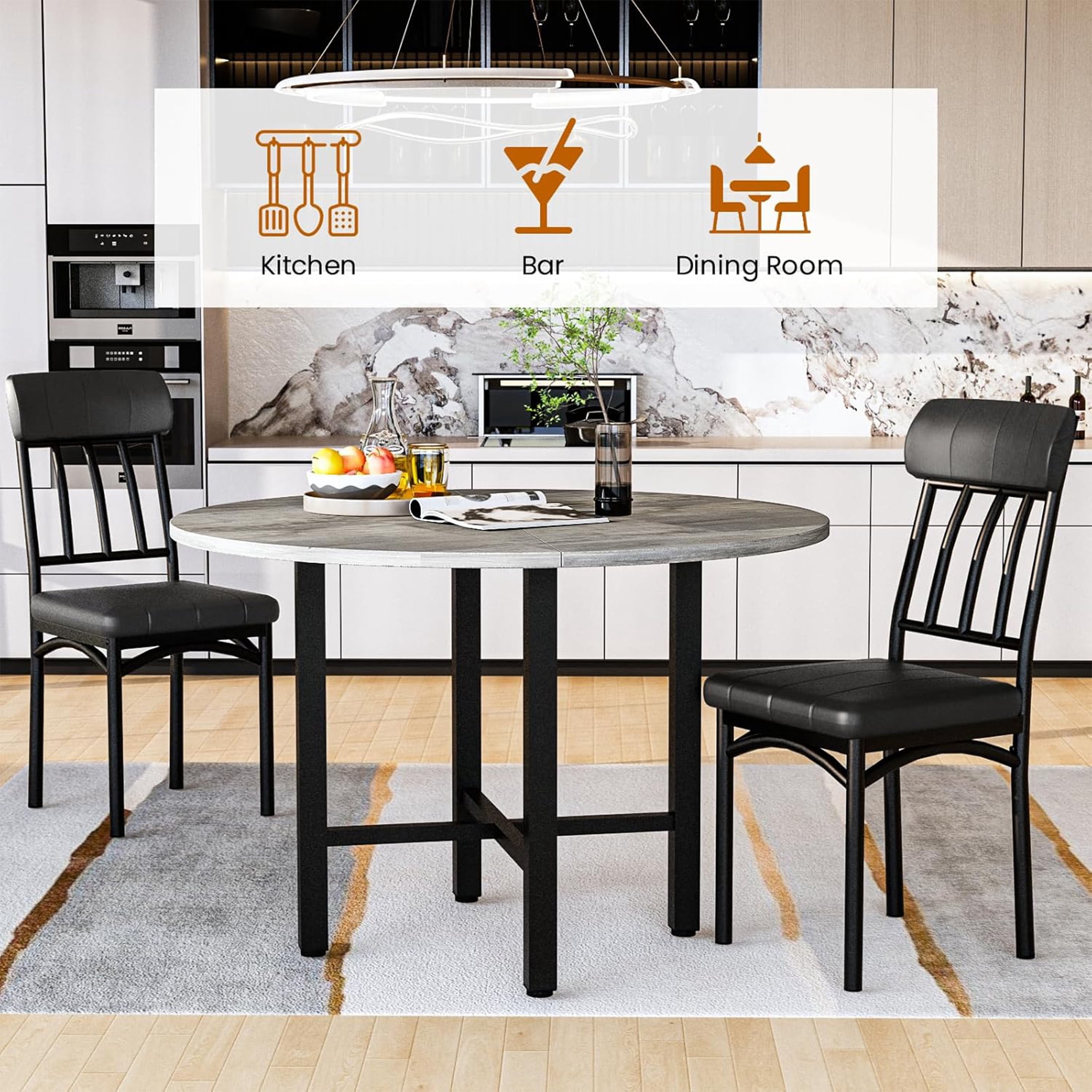 LinkRomat Round Dining Table Set for 4, Modern Dining Room Sets with 4 Faux Leather Chairs, Kitchen Dinner Wooden Table & Chair Set for Small Space, Grey