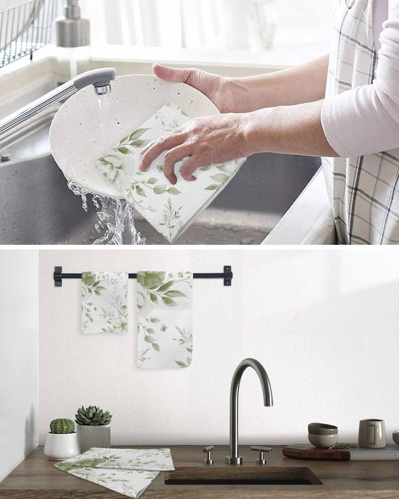 Green Floral Art Kitchen Dish Towels for Drying Dishes Set of 2, Watercolor Botanical Spring Flowers Waffle Weave Microfiber Terry Hand Tea Bathroom Towels Quick Dry & Absorbent Towel 15.7x23.6