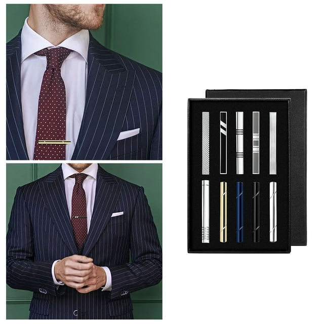 10 Pcs Tie Clips Set For Men, including tie bars in black, silver, gold, and navy tones, displayed in a black gift box. Features various designs for formal and informal occasions, ideal for men's accessories and tie bar sets, shown on a man wearing a pinstripe suit and tie.
