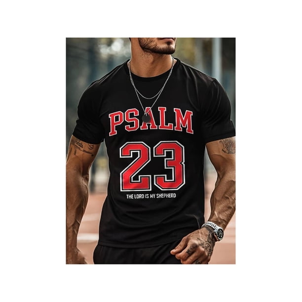 Camiseta unisex de cuello redondo con gráfico de Salmo 91 para hombre. 100 % algodón, cuello redondo, manga corta, letras rojas llamativas y diseño geométrico.