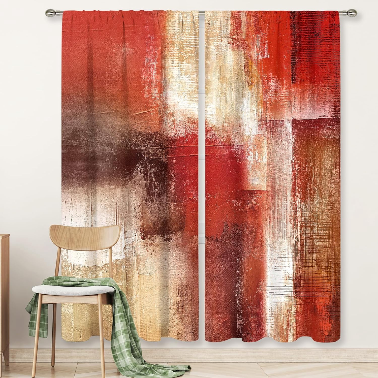 Red Curtains 52Wx84H Inch Rod Pocket Abstract Rustic Vintage Burgundy Brown Modern Oil Painting Bedroom Window Drapes Contemporary Women Art Aesthetic Printed Living Room Window Treatment