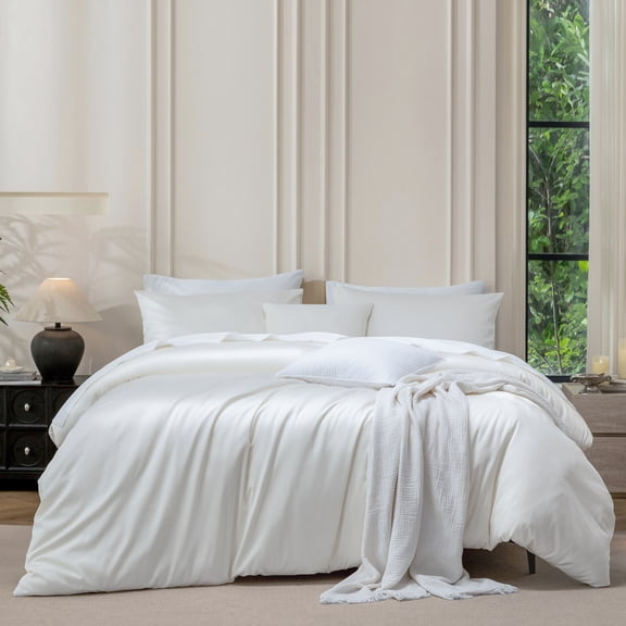 MooMee Duvet Cover Set Queen 600-TC 100% Long-Staple Cotton Sateen Silky Smooth Luxury (Bright White, 90" x 90")