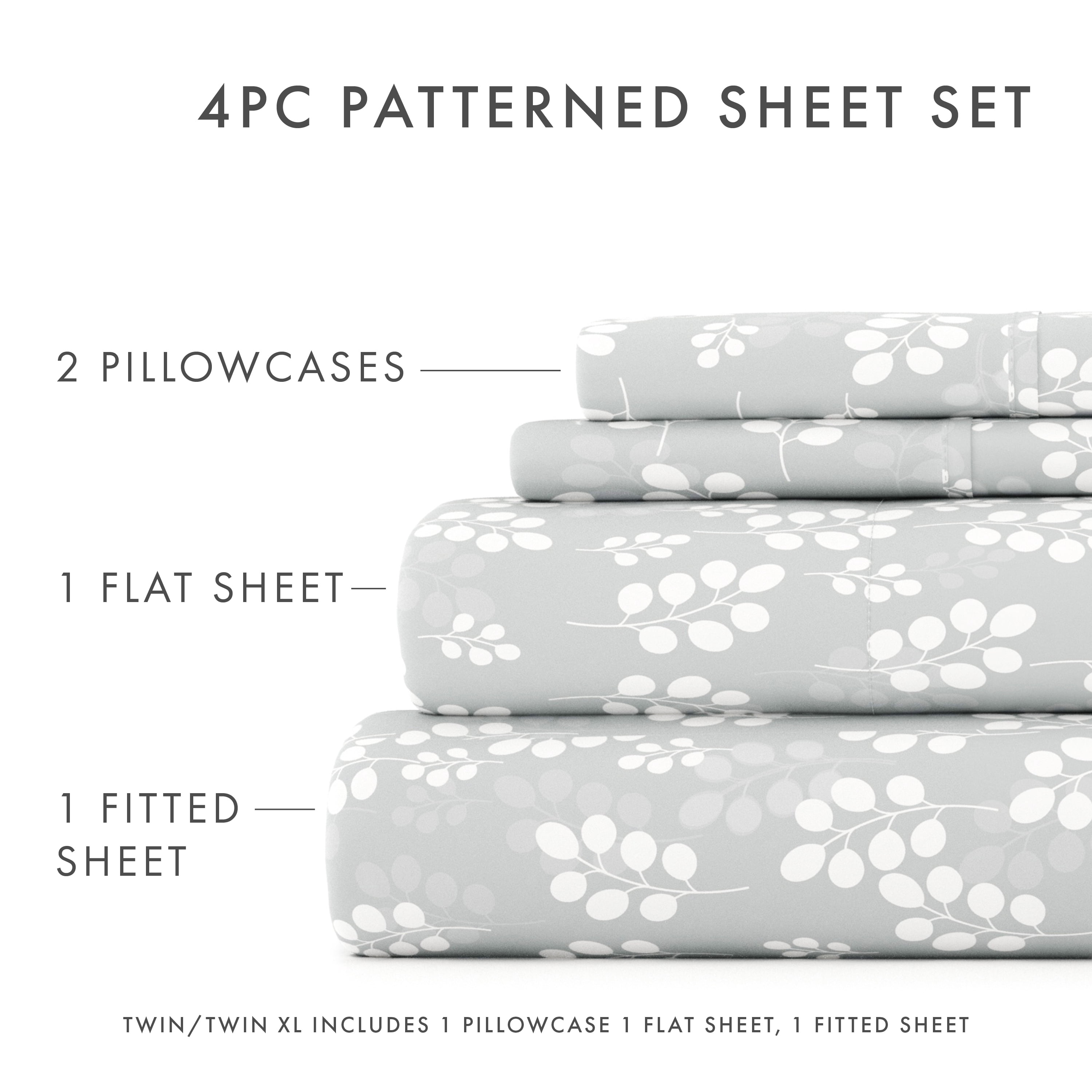 Noble Linens 4 Piece Pattern Microfiber Bed Sheets Set, Gray Wheat, California King