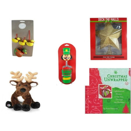 Christmas Fun Gift Bundle [5 Piece] - Martha Stewart Woodland  Set of 4 Duck Ornaments - Deck The Halls Gold Star Tree Topper 11.5