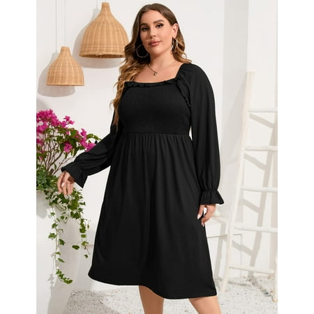 

GymChoice Women s Plus Size Ruffle Long Sleeve Dress Square Neck High Waist Smocked Tunic Maxi Dress Maternity Dress