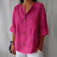 thumbnail image 2 of MSJUHEG Women Button Down Shirt Plus Size Elbow Length V Neck Button Shirt Cotton and Linen Clothes Women's Plus Size Blouse Work Blouses Summer Trendy Tee Shirts A2 Hot Pink L, 2 of 6
