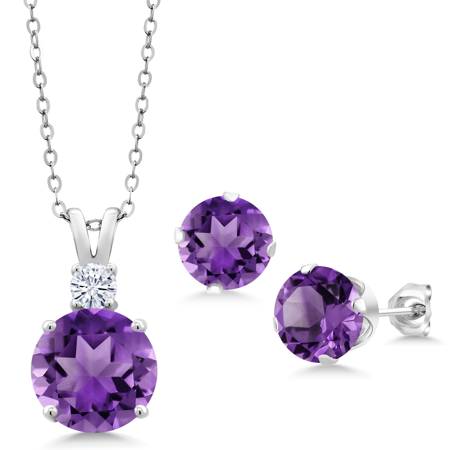 Gem Stone King 925 Sterling Silver Purple Amethyst and White Moissanite Pendant and Earrings Jewelry Set for Women (10.21 Cttw, Round 10MM, Gemstone Birthstone, with 18 inch Silver Chain)