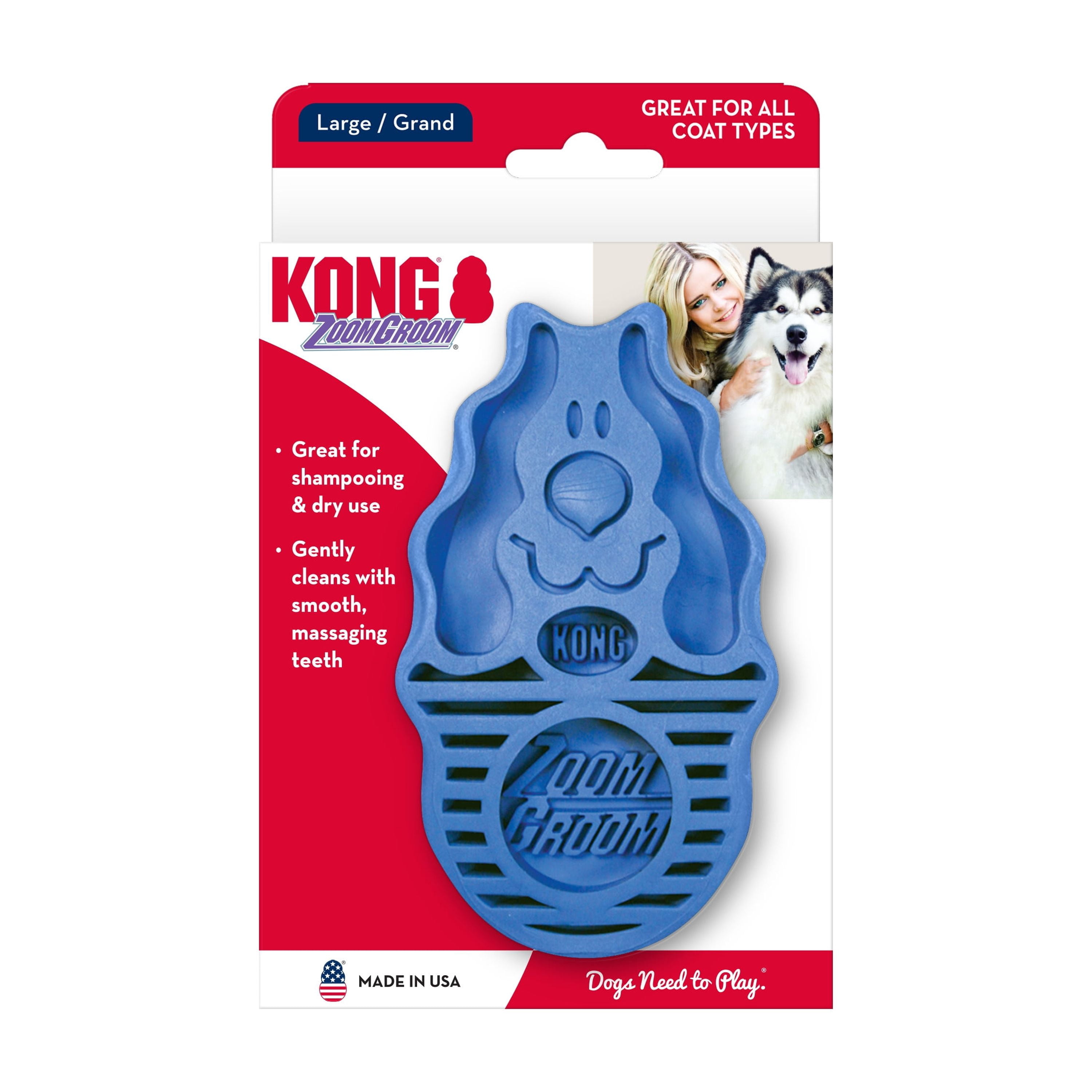 KONG® ZoomGroom Dog Brush, Promotes Healthy Skin and Coat, Blue, Large