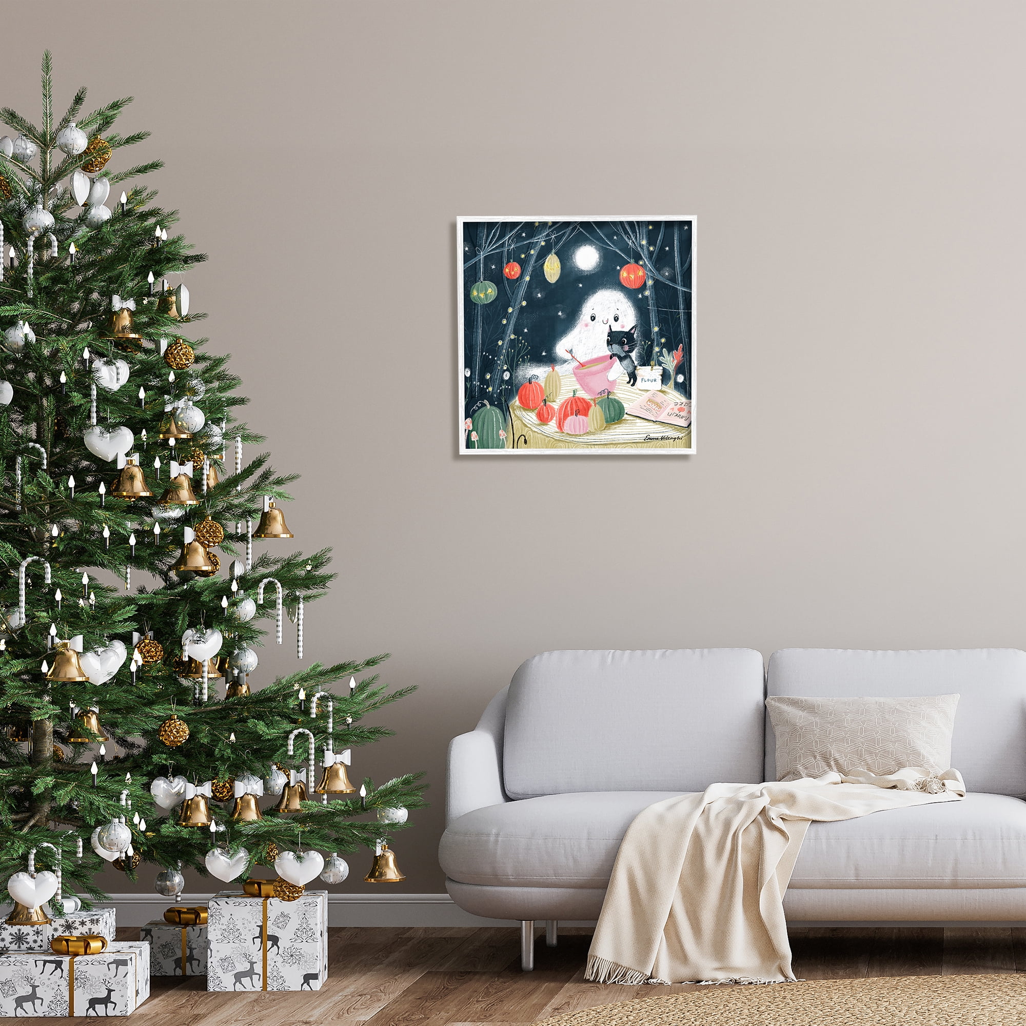 Stupell Industries Cat & Ghost Baking Pumpkin Cake Holiday Painting White Framed Art Print Wall Art