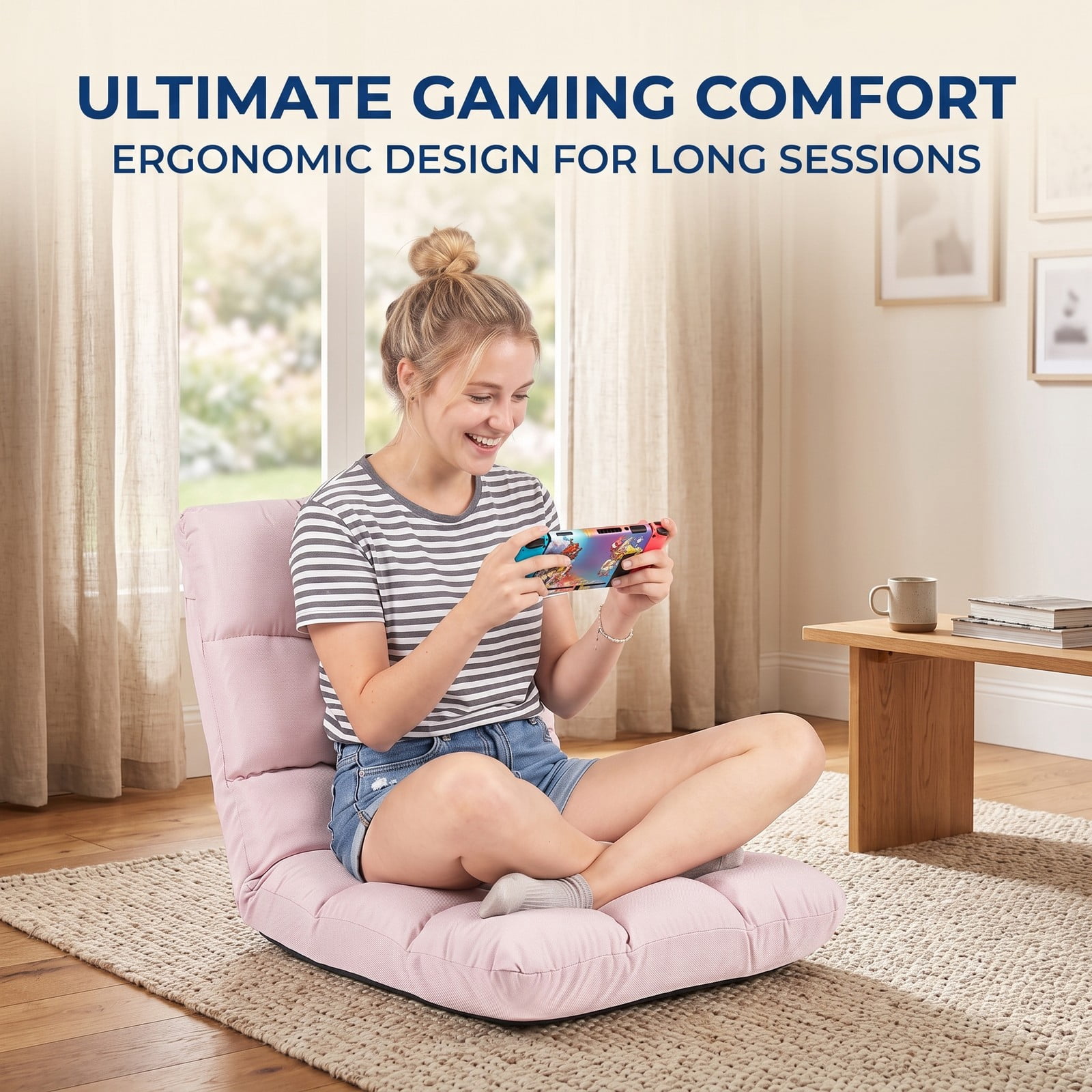 Furnibear 14-Position Adjustable Folding Floor Gaming Chair, Padded Lazy Recliner Sofa with Reclining Backrest for Living Room Bedroom Reading, Light Pink
