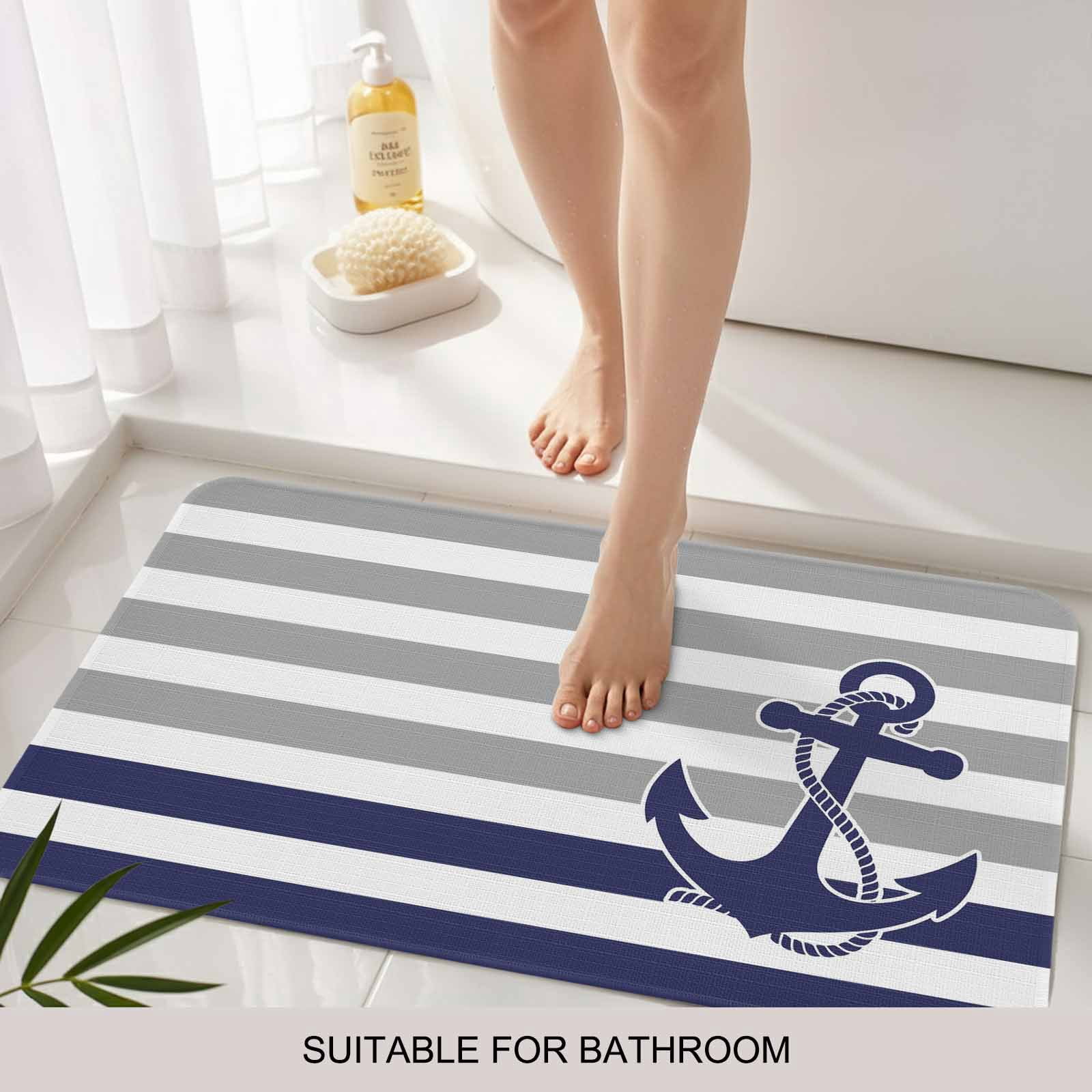 Anchor Gray Doormat Outdoor Entrance 24"x36", Modern Navy Blue White Striped Nautical Absorb Moisture Dirt Door Mats, Non-Slip Rubber Backing Floor Mats Indoor, Low-Profile Front Door Rugs