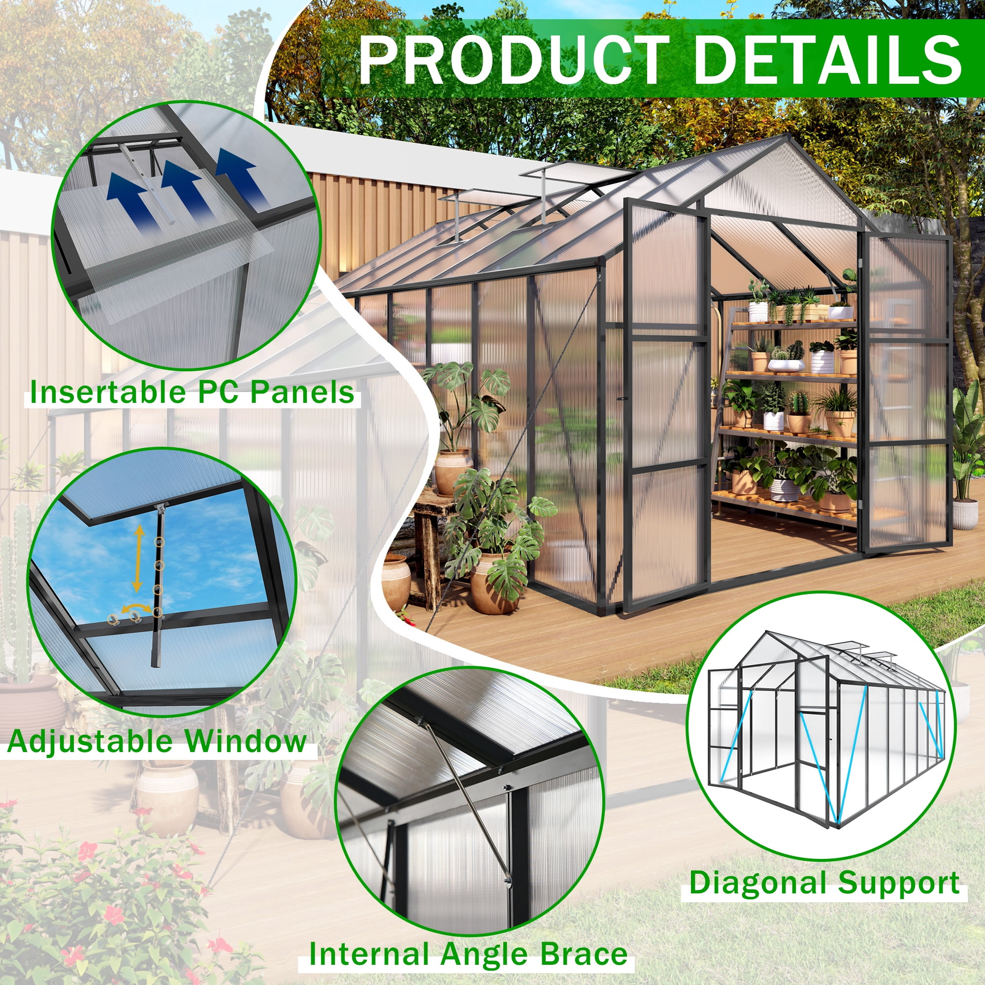 8x14FT Greenhouse Kit, Outdoor Heavy Duty Walk-in Greenhouse, Aluminum Frame with Vent, for Backyard or Garden, Black