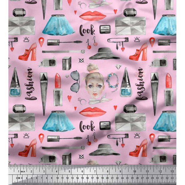 Soimoi Polyester Crepe Fabric Lipstick,Perfume Bottle & Dress Fashion Print Fabric by Yard 52 Inch Wide