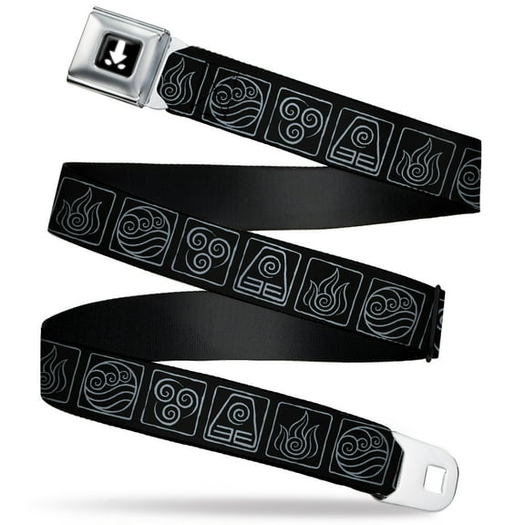 Nickelodeon Belt, Seatbelt Buckle Belt, Avatar the Last Airbender Bending Elements Icons Black Gray, 24 to 38 Inches