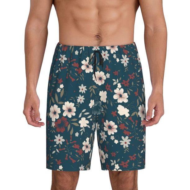 Balery Vintage Floral Pantalones cortos de pijama de punto de algodón para hombre con cinturilla y bolsillos-4X-Large