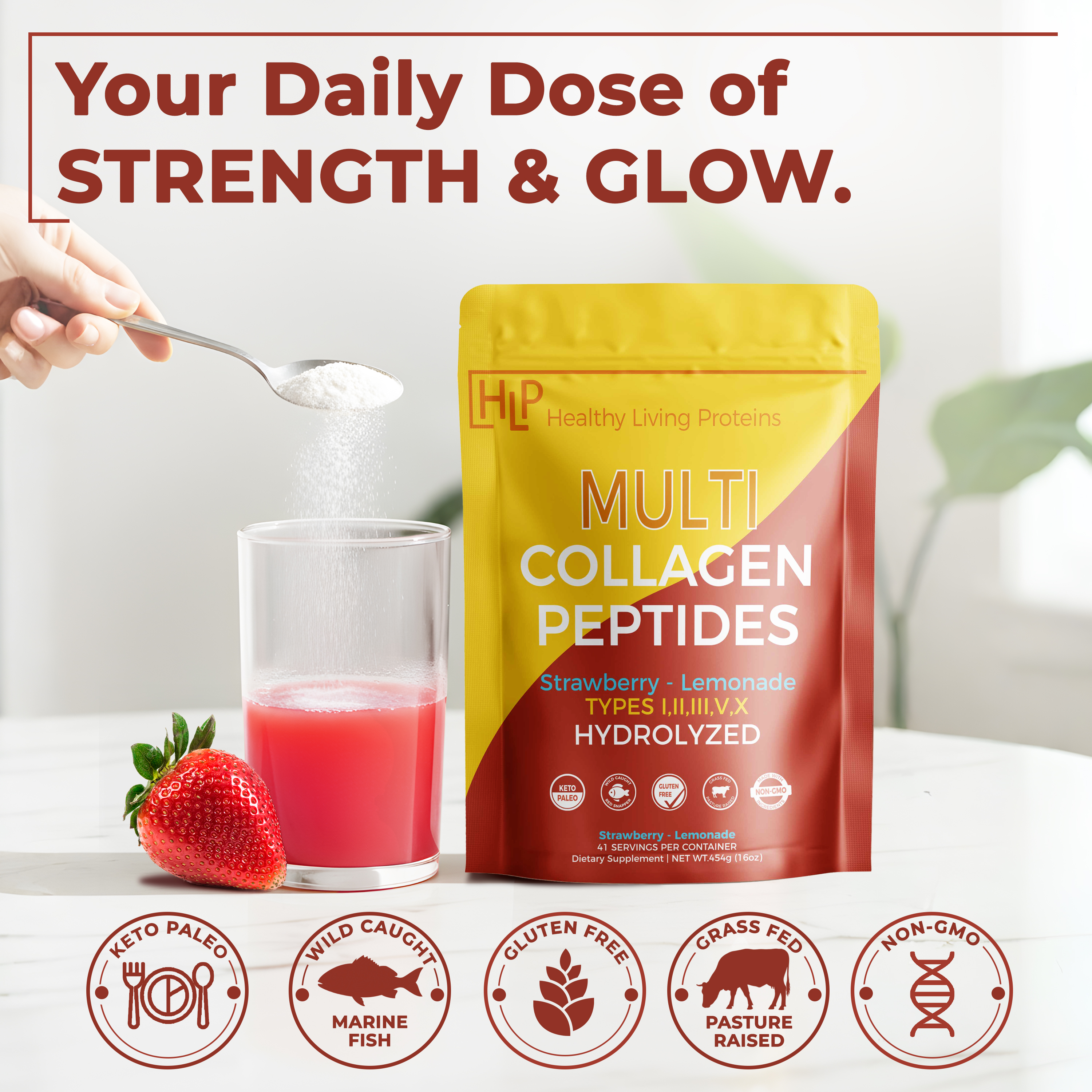 Healthy Living Proteins Multi Collagen Peptides Powder, Str-Lemonade, 1lb