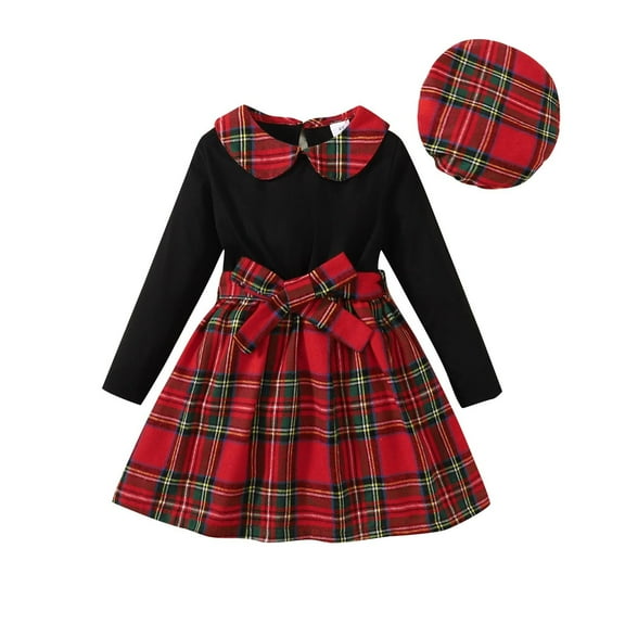 Favoffer Girls' Christmas Plaid Dress Set Long Sleeve Bow Detail   Matching Hat Soft Cotton 2-Piece Outfit for 3-7Y