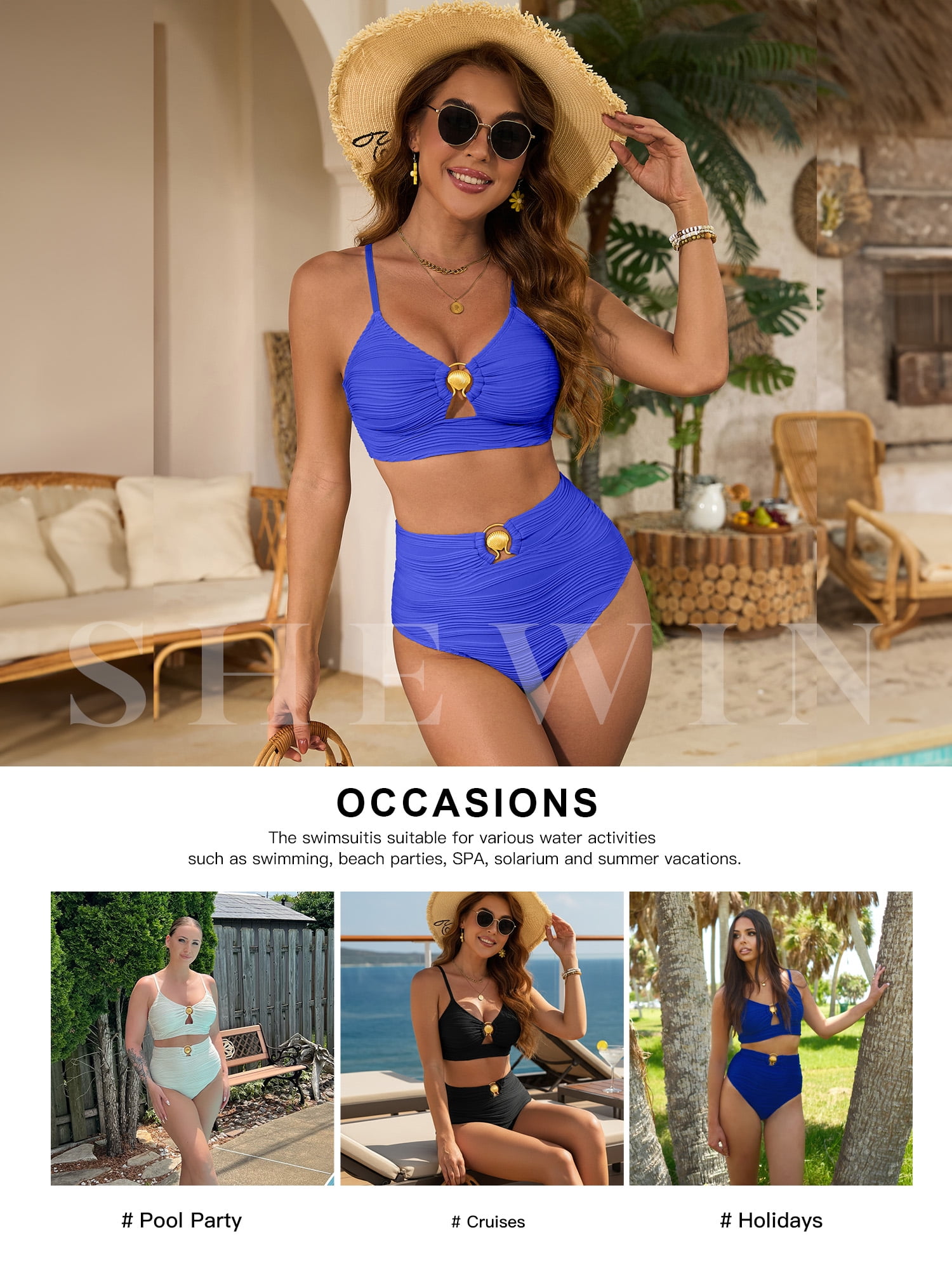 SHEWIN Swimsuit for Women 2 Piece Bathing Suits High Waist Bikini Sets Texture Swimming Suits Full Coverage Beach Essentials Blue XL