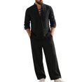 thumbnail image 3 of Migroa Mens 2 Pieces Cotton Linen Set Long Sleeve Shirts Casual Drawstring Yoga Pants Loose Fit Straight Legs Beach Trousers Summer Beach Wedding Outfits Black L, 3 of 8