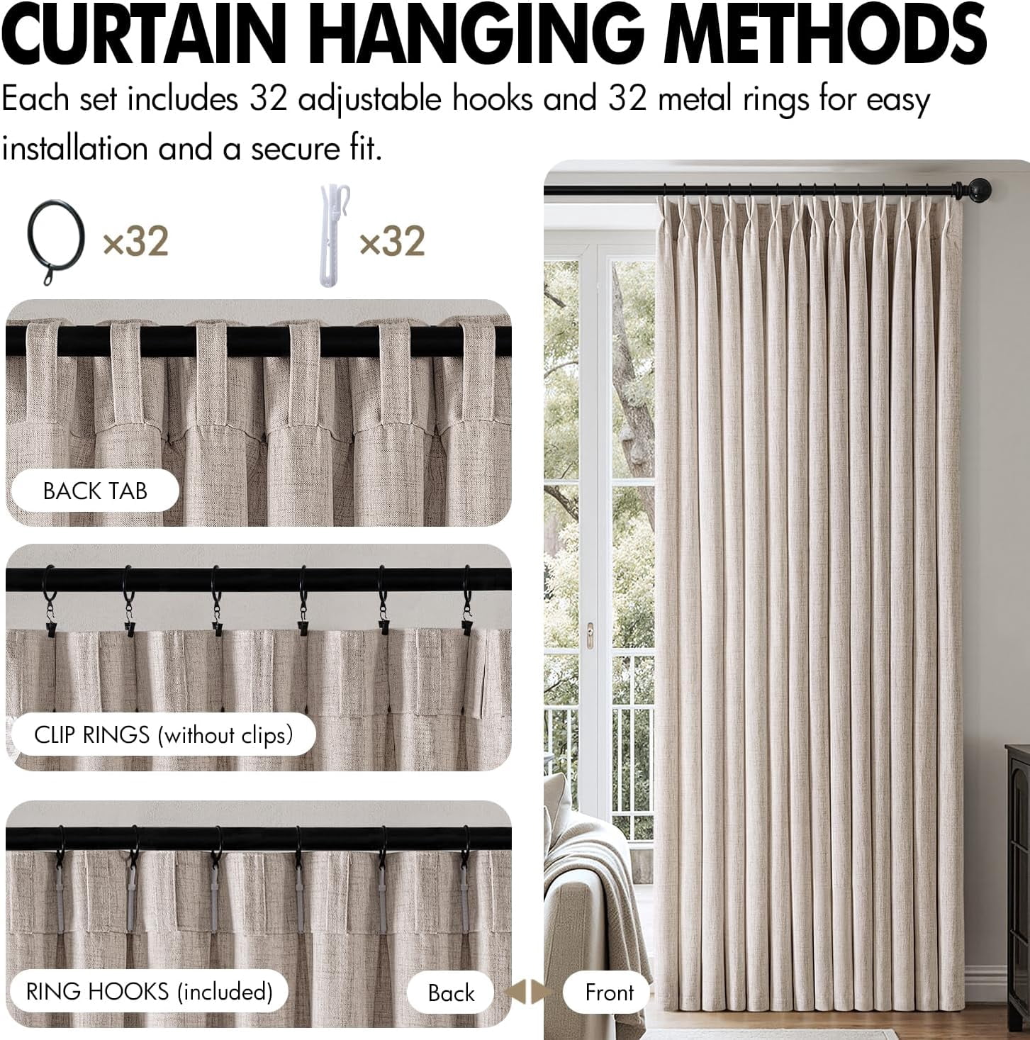 Pinch Pleated Thick Linen Curtains 96 Inch 4 Panels Set Back Tab Memory Trained Pinch Pleat Semi Sheer Light Filtering Privacy Curtain Let Light in Window Drapes for Living Room Bedroom Natural