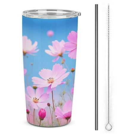 

Pink Cosmos Flowers Tumbler with Lids And Straws Insulated Cup Reusable Stainless Steel Water Bottle Travel Mug