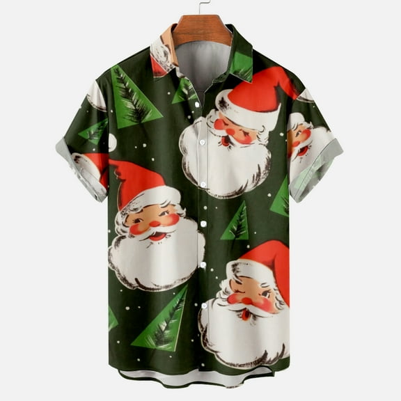 BLTIBY Christmas Shirt for Men Lapel Button Down Short Sleeve Hawaiian Shirts Xmas Santa Printed Casual Holiday Beach Shirts Tops Green 3XL