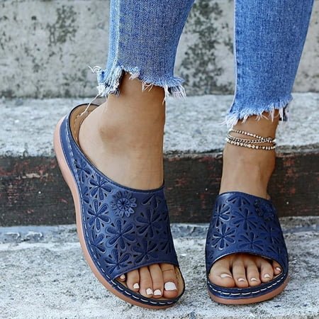 

Dezsed Women s Wedges Slippers Clearance Summer Ladies Embroidered Sandals Casual Footwear Casual Roman Slippers Blue 40