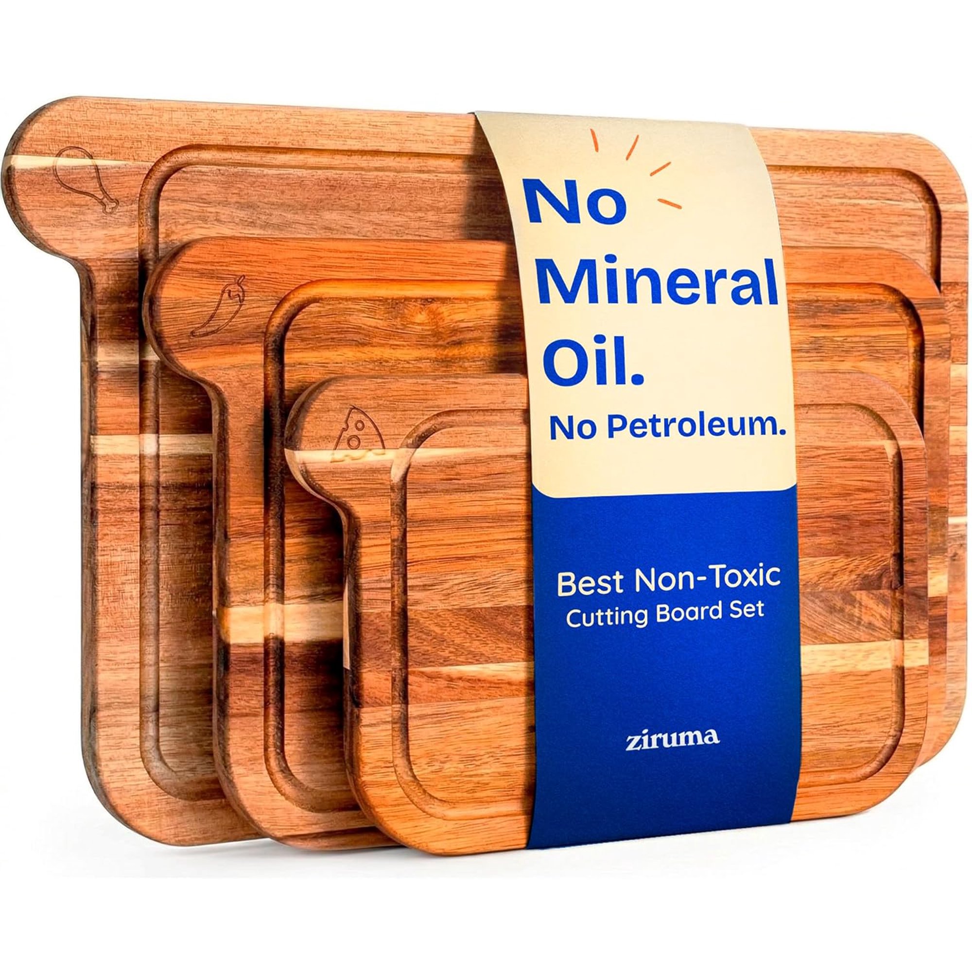 Non Toxic Acacia Wood Cutting Board Set with Beeswax and Flaxseed Oil Finish