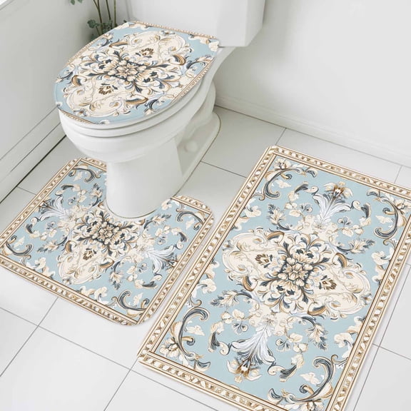 Bohemia Bathroom Rugs Set Vintage Boho Ethnic Farmhouse Blue Flower Pattern Non Slip Absorbent Soft Bath Mats 3 Piece Set with Bathroom Rug, U-Shaped Floor Mat, Toilet Seat Cover Small Size