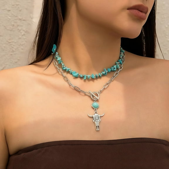 Midir&Etain Layered Western Necklaces For Women Vintage Turquoise Ox-Head Toggle Collar Necklace Bright Eye Collocation Jewelry Gifts For Women Friends, Lover And Mom